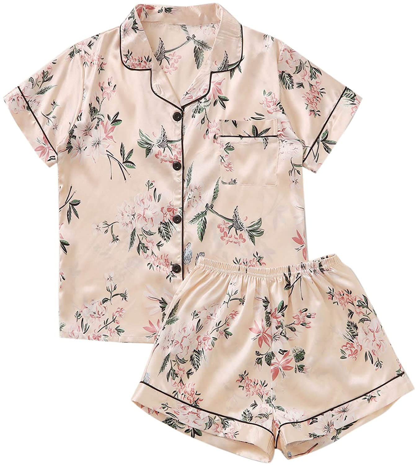 Floerns Women's Notch Collar Palm Leaf Print Sleepwear Two Piece Pajama Set Apparel & Accessories > Clothing > Sleepwear & Loungewear > Pajamas Floerns Khaki Floral X-Small 