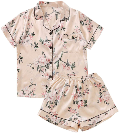 Floerns Women's Notch Collar Palm Leaf Print Sleepwear Two Piece Pajama Set Apparel & Accessories > Clothing > Sleepwear & Loungewear > Pajamas Floerns Khaki Floral X-Small 
