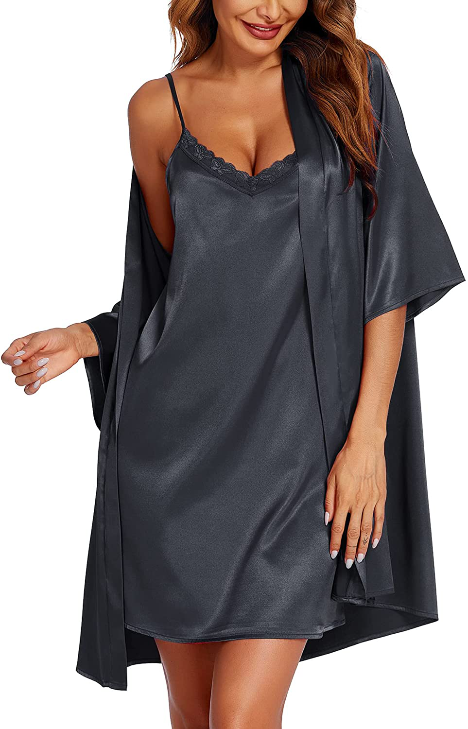 Ekouaer Women'S Satin Robe Set 2 Piece Sexy Nightgown Robes Sleepwear Silk Lace Cami Pajamas Sets Nightwear Apparel & Accessories > Clothing > Sleepwear & Loungewear > Robes Ekouaer Dark Grey Small 