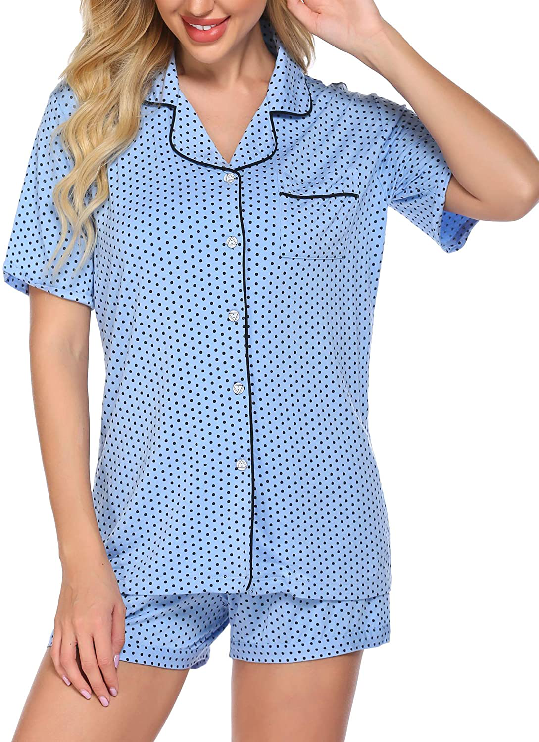 Ekouaer Pajamas Set Short Sleeve Sleepwear Womens Button Down Nightwear Soft Pj Lounge Sets XS-XXL Apparel & Accessories > Clothing > Sleepwear & Loungewear > Pajamas Ekouaer Pat7-blue With Black Dots Medium 
