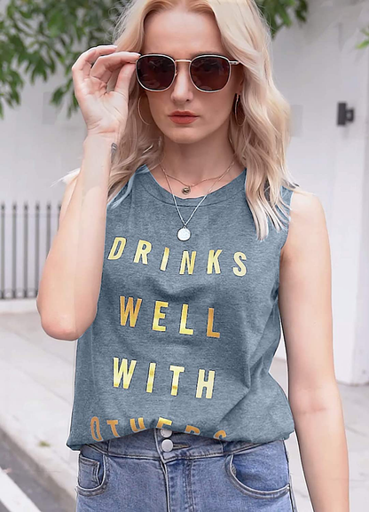 Drinks Well with Others Muscle Tank Tops Womens Funny Drinking Alcohol Sleeveless Letter Printed Graphic Tee Shirt Tops Apparel & Accessories > Clothing > Activewear Kylie Max   
