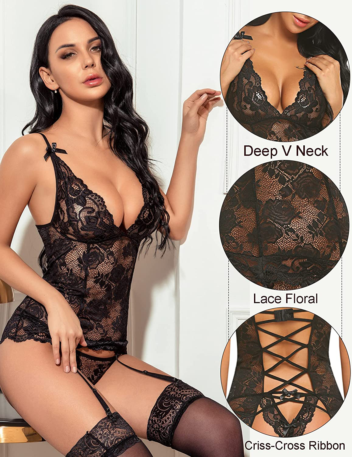 Avidlove Women’S Lace Babydoll with Garter Mini Teddy Bodysuit Sexy Lingerie Backless Chemise Apparel & Accessories > Clothing > Underwear & Socks > Lingerie Kylie Max   