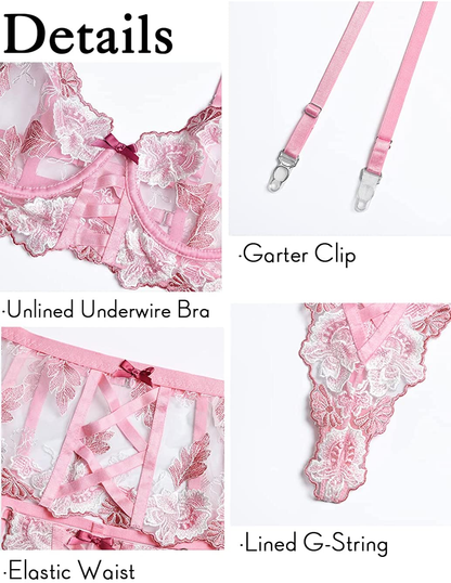 Kaei&Shi Cute Floral Embroidered, Lace up Strap, 3 Piece High Waisted Garter Lingerie Apparel & Accessories > Clothing > Underwear & Socks > Lingerie Kaei&Shi   