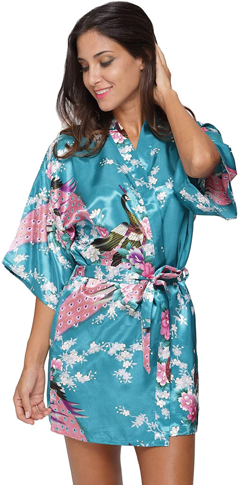 Original Kimono Women'S Short Satin Kimono Robe Floral Peacock Patterned Bathrobe Silky Bridal Nightwear Apparel & Accessories > Clothing > Sleepwear & Loungewear > Robes Original Kimono Green X-Large 