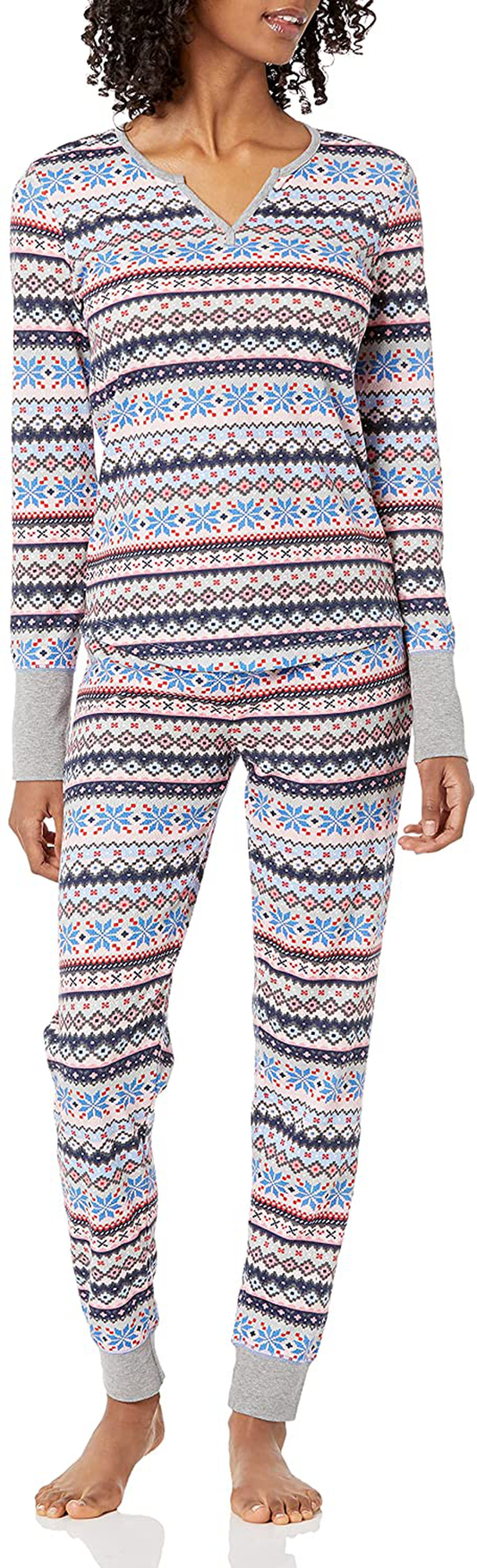Mae Women's Vintage Thermal Henley Long Sleeve Top with Jogger Pajama Set Apparel & Accessories > Clothing > Sleepwear & Loungewear > Pajamas Mae Multi Fair Isle Medium 