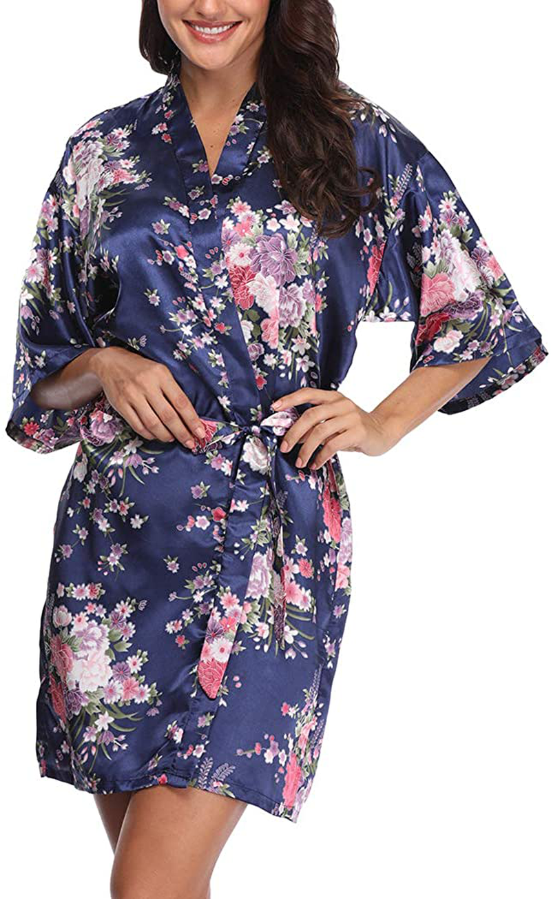 VOGMATE Women'S Floral Satin Short Robe for Bridesmaid Bride Silk Kimono Robe Dressing Gown for Wedding Party Apparel & Accessories > Clothing > Sleepwear & Loungewear > Robes VOGMATE   