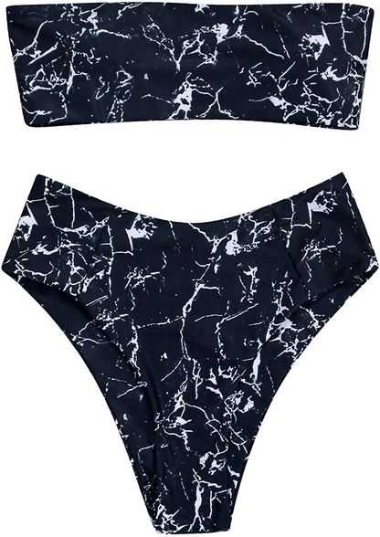OMKAGI Women's 2 Pieces Bandeau Bikini Swimsuits Off Shoulder High Waist Bathing Suit High Cut Apparel & Accessories > Clothing > Swimwear OMKAGI Black Marble X-Large 