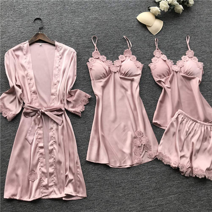 SAPJON Women'S 4Pcs Silk Satin Pajama Set Sexy Cami Top Nightgown Lace Sleepwear Robe Sets Nightdress with Chest Pads Apparel & Accessories > Clothing > Sleepwear & Loungewear Kylie Max   