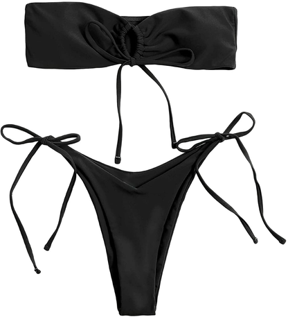 SOLY HUX Women's Floral Print Tie Front Bikini Bathing Suit 2 Piece Swimsuits Apparel & Accessories > Clothing > Swimwear KYLIE MAX Black Plain Large 