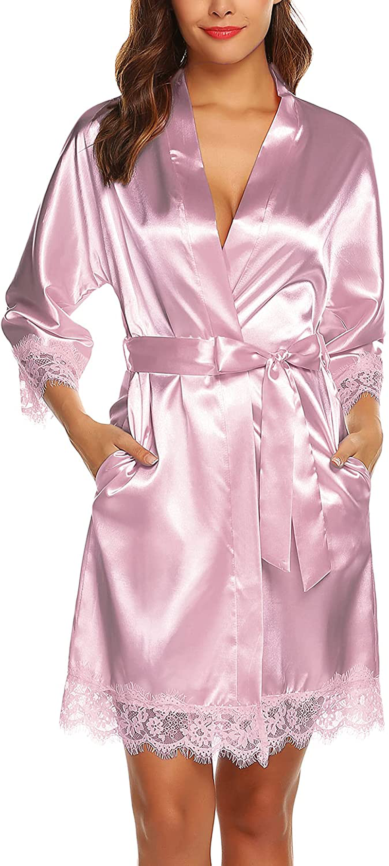 URRU Women'S Satin Silk Bathrobe Oblique V-Neck Short Kimono Robe Bridesmaids Robe S-XXXL Apparel & Accessories > Clothing > Sleepwear & Loungewear > Robes KYLIE MAX   