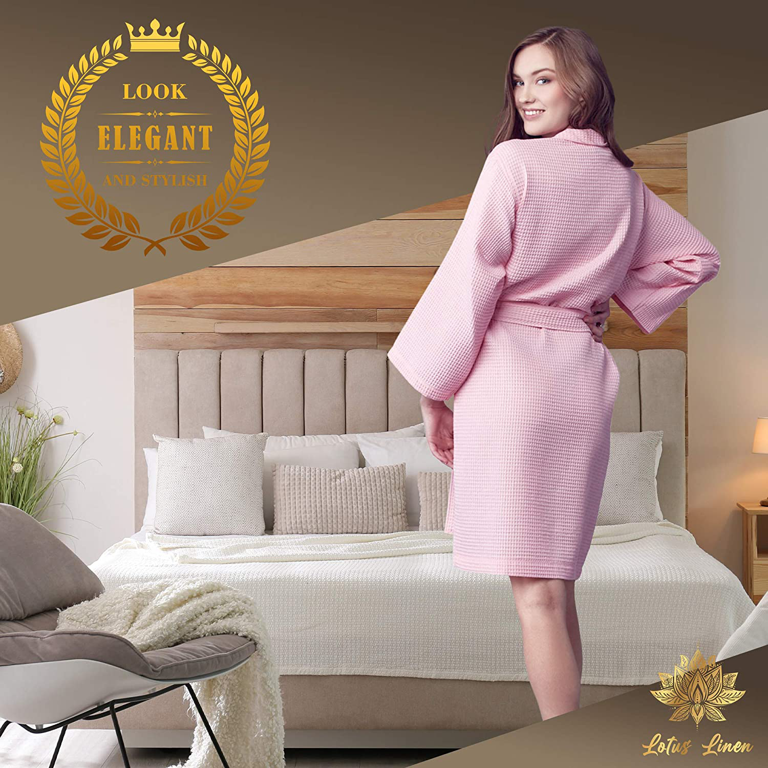 LOTUS LINEN Short Waffle Robes for Women Cotton Soft Lightweight Bath Robe for Female, Womens Robes Knee Length Apparel & Accessories > Clothing > Sleepwear & Loungewear > Robes Kylie Max   