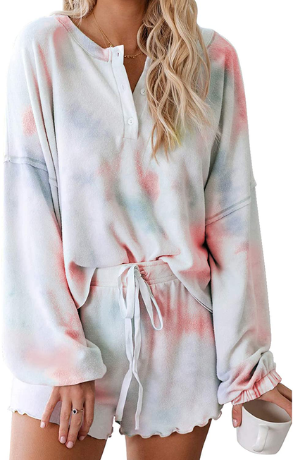 Century Star Women Pajamas Tie Dye Print Long Sleeve Shirt Elastic Drawstring Shorts 2 Piece Set Sleepwear Loungewear Apparel & Accessories > Clothing > Sleepwear & Loungewear > Pajamas Kylie Max   
