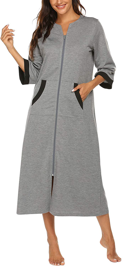 Ekouaer Women Zipper Robe 3/4 Sleeves Loungewear Full Length Sleepwear Pockets Housecoat Long Soft Bathrobe Apparel & Accessories > Clothing > Sleepwear & Loungewear > Robes Ekouaer Style 1-grey Medium 