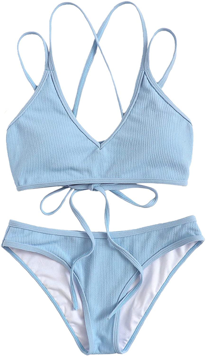 SweatyRocks Women's Bathing Suits Spaghetti Strap Criss Cross Back Bikini Ribbed Swimsuit Apparel & Accessories > Clothing > Swimwear SweatyRocks Blue Small 