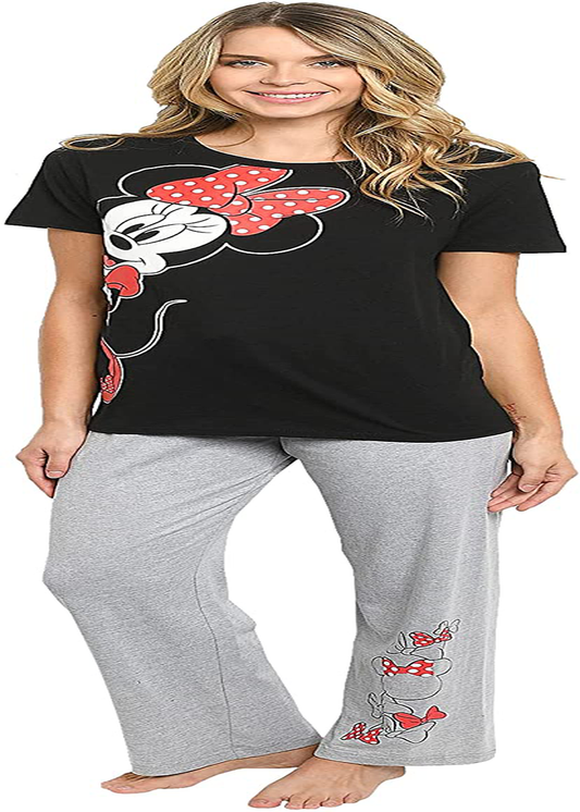 Disney Womens Pajama Set Minnie Mouse Lounge Wear Apparel & Accessories > Clothing > Sleepwear & Loungewear > Pajamas Disney Black Tee & Grey Pants Large 