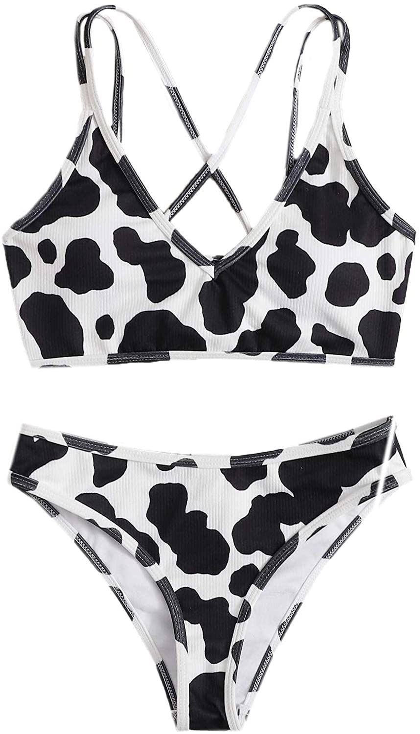 SweatyRocks Women's Bathing Suits Spaghetti Strap Criss Cross Back Bikini Ribbed Swimsuit Apparel & Accessories > Clothing > Swimwear SweatyRocks Cow Medium 