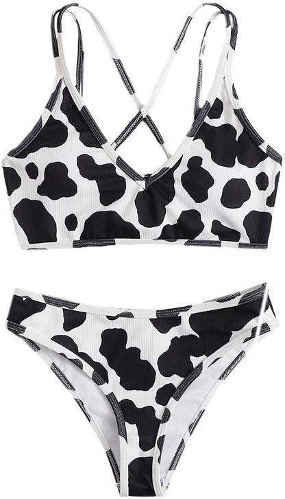 SweatyRocks Women's Bathing Suits Spaghetti Strap Criss Cross Back Bikini Ribbed Swimsuit Apparel & Accessories > Clothing > Swimwear SweatyRocks Cow Medium 