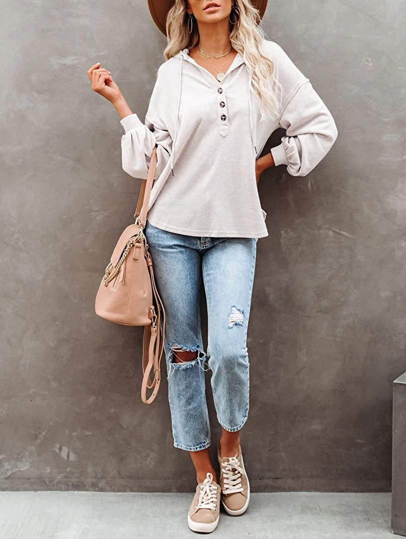 REVETRO Womens V Neck Long Sleeve Henley Shirts Button down Sweatshirts Hoodies Tunic Tops with Drawstring Apparel & Accessories > Clothing > Activewear Kylie Max   