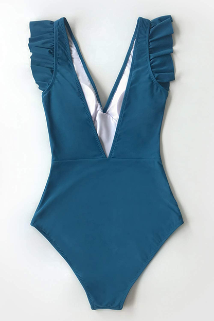 CUPSHE Women'S One Piece Swimsuit V Neck Ruched Ruffle Shoulder Swimwear Bathing Suits Apparel & Accessories > Clothing > Swimwear Kylie Max   
