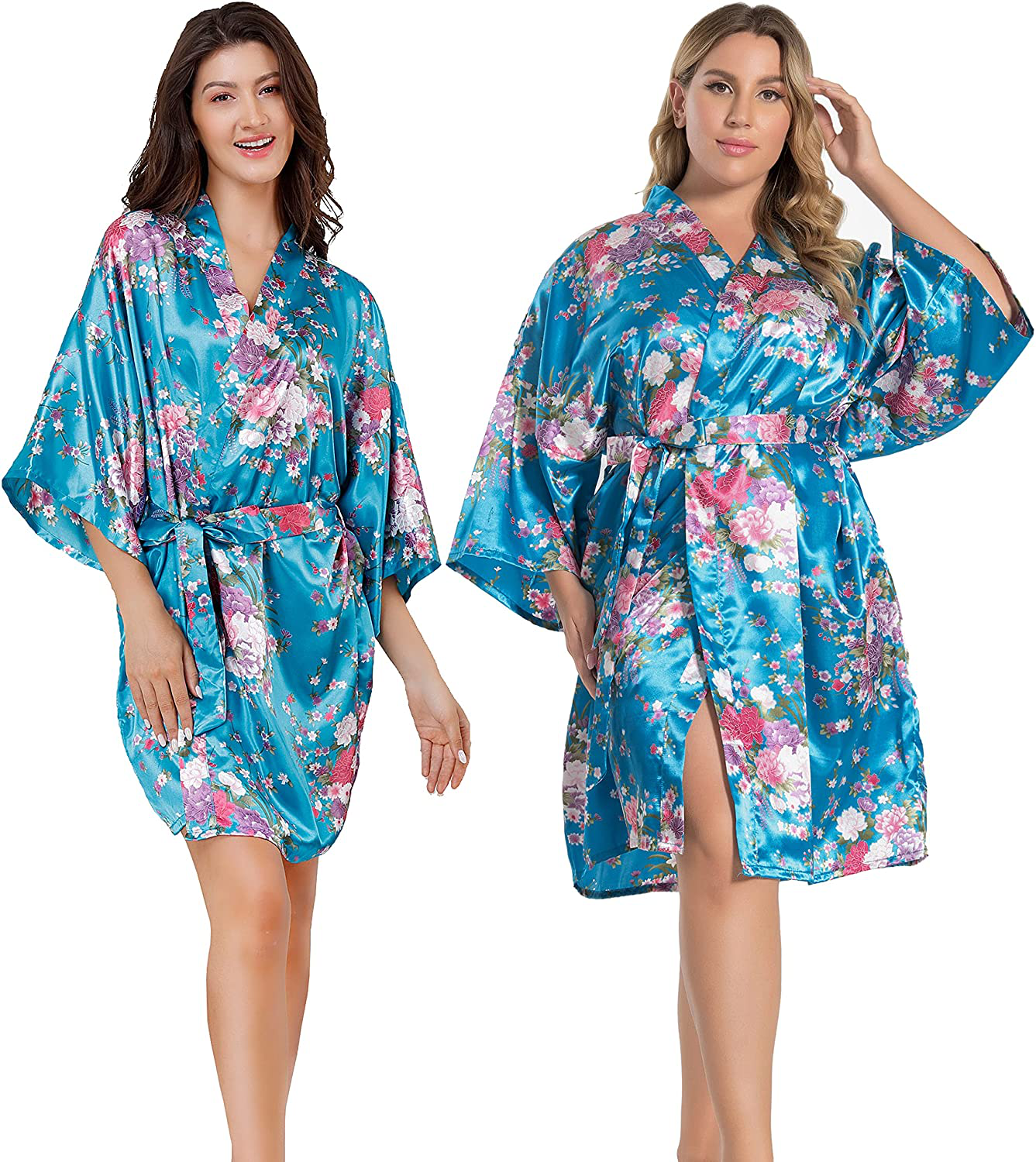 EPLAZA Women Floral Satin Robe Bridal Dressing Gown Wedding Bride Bridesmaid Kimono Sleepwear Apparel & Accessories > Clothing > Sleepwear & Loungewear > Robes EPLAZA Acid Blue Small-Medium 
