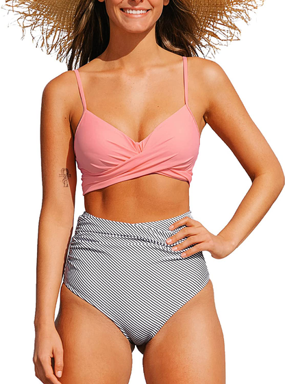 CUPSHE Women's High Waist Bikini Swimsuit Floral Print Tie Two Piece Bathing Suit Apparel & Accessories > Clothing > Swimwear CUPSHE Carnation Pink X-Small 