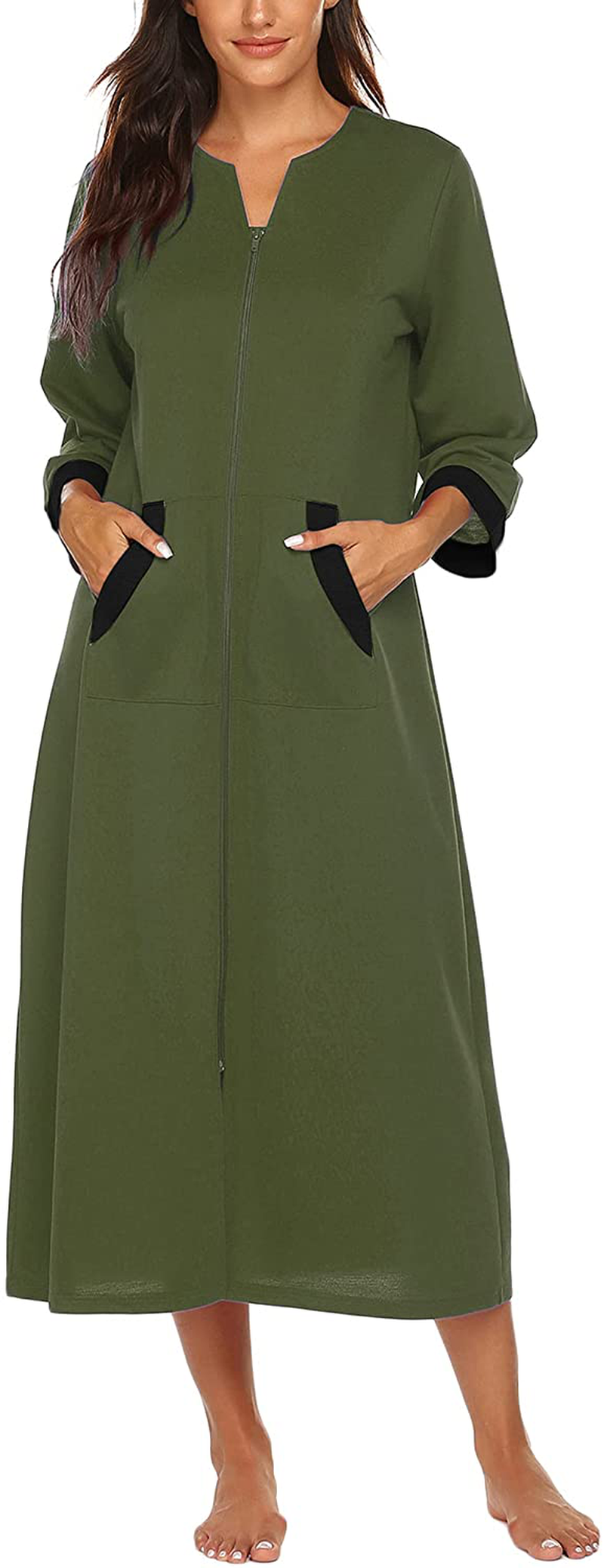 Ekouaer Women Zipper Robe 3/4 Sleeves Loungewear Full Length Sleepwear Pockets Housecoat Long Soft Bathrobe Apparel & Accessories > Clothing > Sleepwear & Loungewear > Robes Ekouaer Style 1-army Green X-Large 