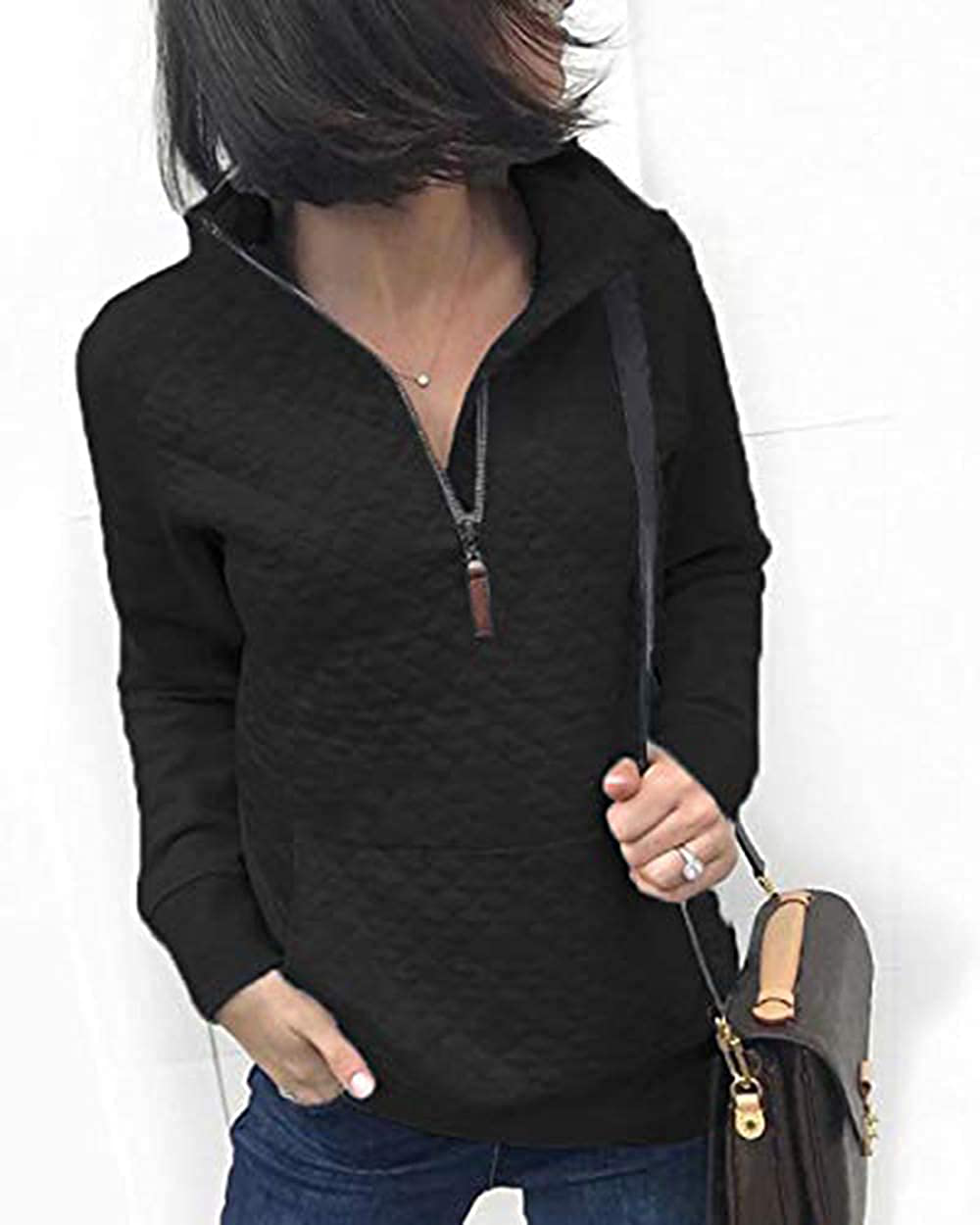 BTFBM Women Fashion Quilted Pattern Lightweight Zipper Long Sleeve Plain Casual Ladies Sweatshirts Pullovers Shirts Tops Apparel & Accessories > Clothing > Activewear Kylie Max   