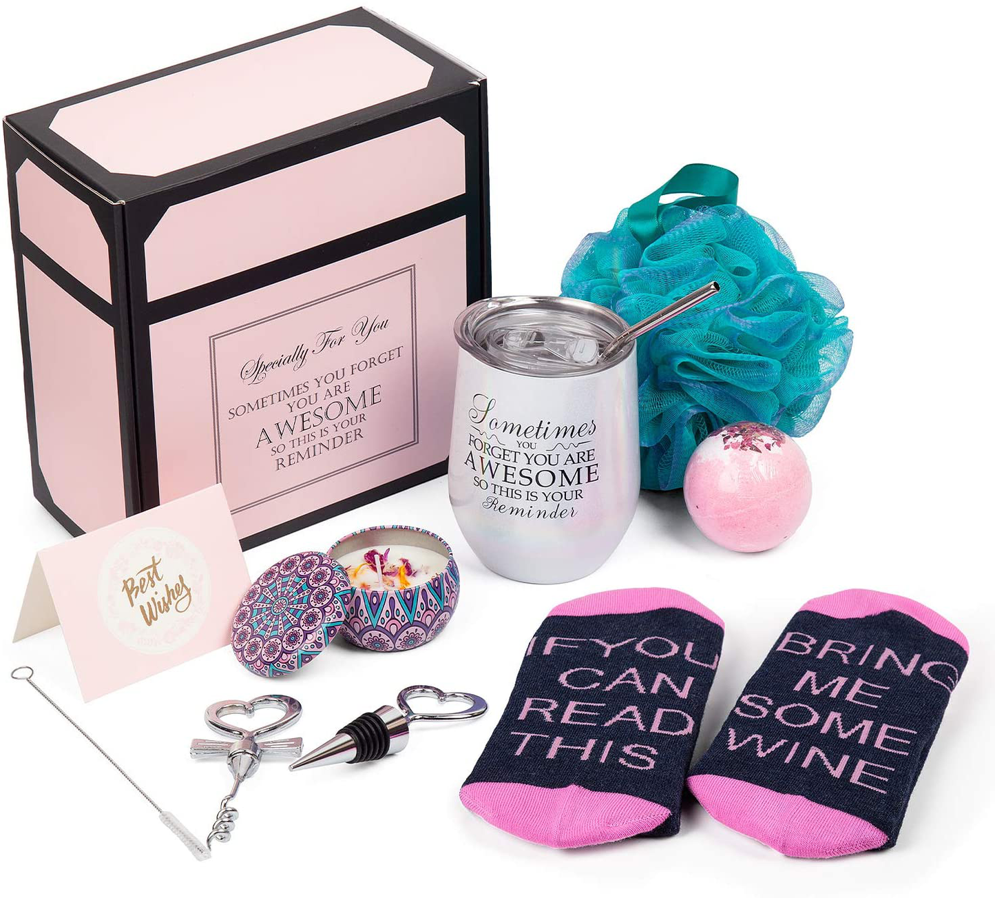 Wine Gifts for Women Wine Insulated Tumbler Birthday Gift for Wine Lover Christmas Gift Basket for Mom Wife Sister Girlfriend Bottle Opener/Stopper Loofah Sponge Rose Gold Arts & Entertainment > Party & Celebration > Gift Giving Psukhai Glitter White  