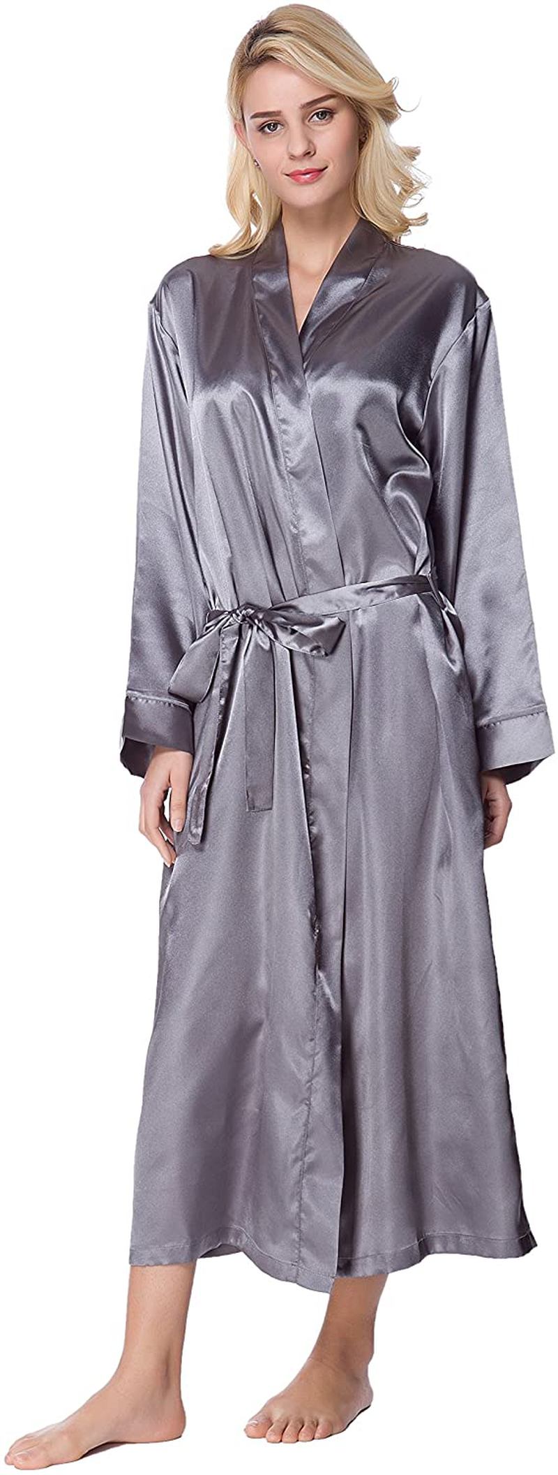 Lavenderi Women'S Long Classic Satin Kimono Lounge Bathrobe Robe Apparel & Accessories > Clothing > Sleepwear & Loungewear > Robes Lavenderi Silver Grey Large 