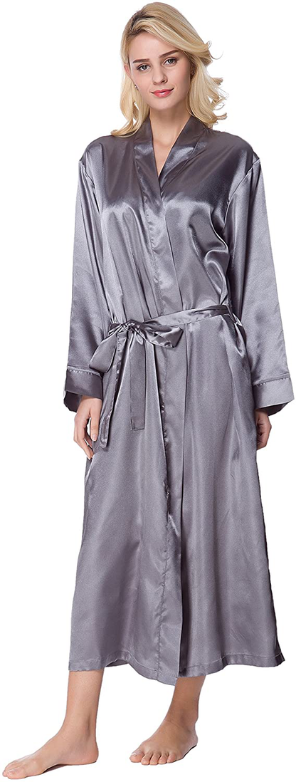 Lavenderi Women'S Long Classic Satin Kimono Lounge Bathrobe Robe Apparel & Accessories > Clothing > Sleepwear & Loungewear > Robes Lavenderi Silver Grey Large 