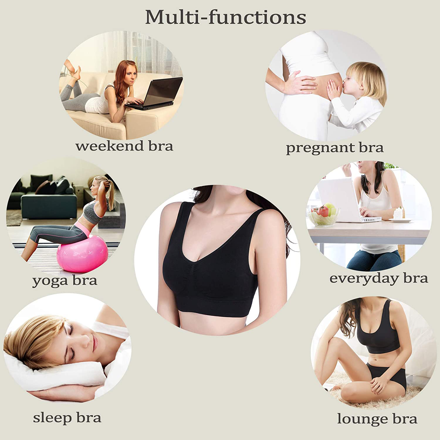 PRETTYWELL Sleep Bras for Women, Comfort Seamless Wireless Stretchy Sports Bra,3 Pack Yoga Bras, with Removable Pads Apparel & Accessories > Clothing > Underwear & Socks > Bras Kylie Max   