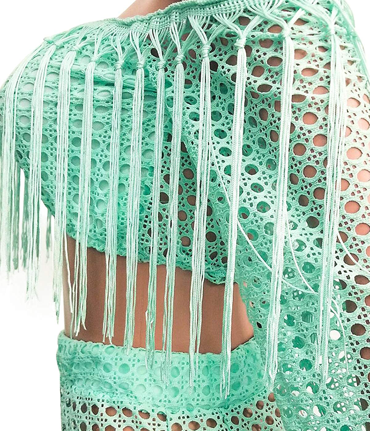 Women Sexy Tassels Hollow Out 2 Piece Outfits See through off Shoulder Crop Top and Split Maxi Dress Set Bikini Cover Up Apparel & Accessories > Clothing > Swimwear Kylie Max   