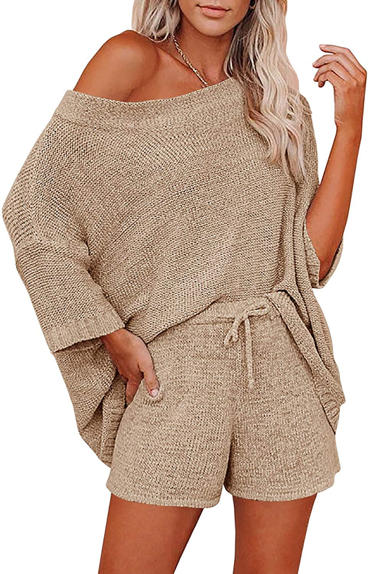Ermonn Womens 2 Piece Outfits Sweater Sets off Shoulder Knit Tops Waist Short Suits Casual Pajama Set Apparel & Accessories > Clothing > Sleepwear & Loungewear Kylie Max   