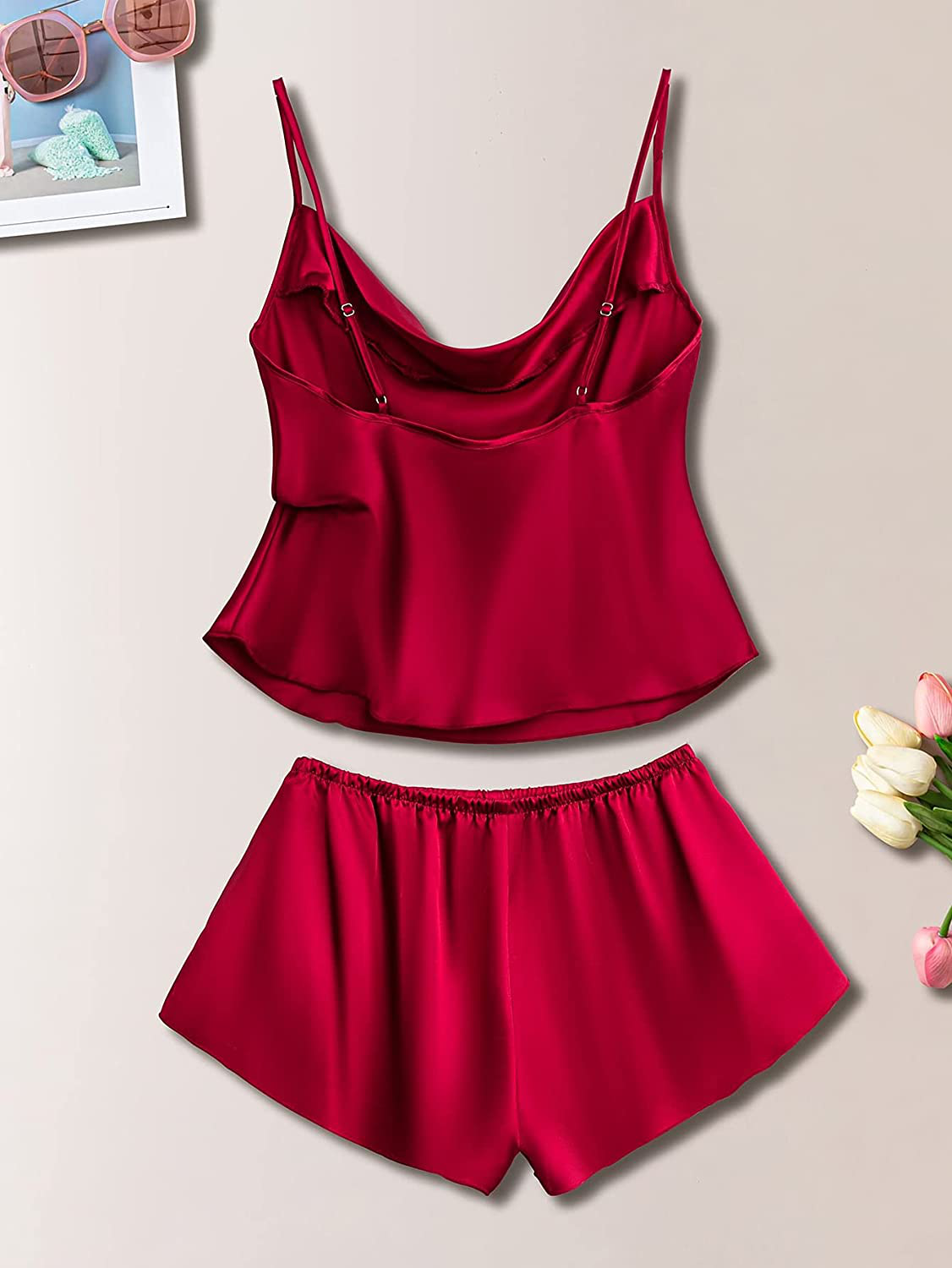 Shein Women'S 2 Pcs Nightwear Solid Drape Neck Cami and Shorts PJ Sets Satin Sleepwears Apparel & Accessories > Clothing > Sleepwear & Loungewear Kylie Max   
