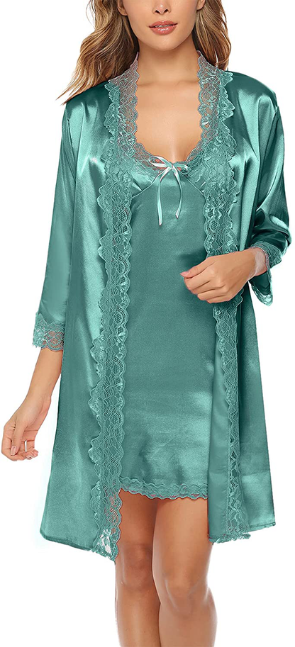 Sykooria Sexy Satin Robes for Women Lace Pajamas Set 2 Piece Sleepwear Ladies Lingerie Nightgown for Bride Party Apparel & Accessories > Clothing > Sleepwear & Loungewear > Robes Sykooria   