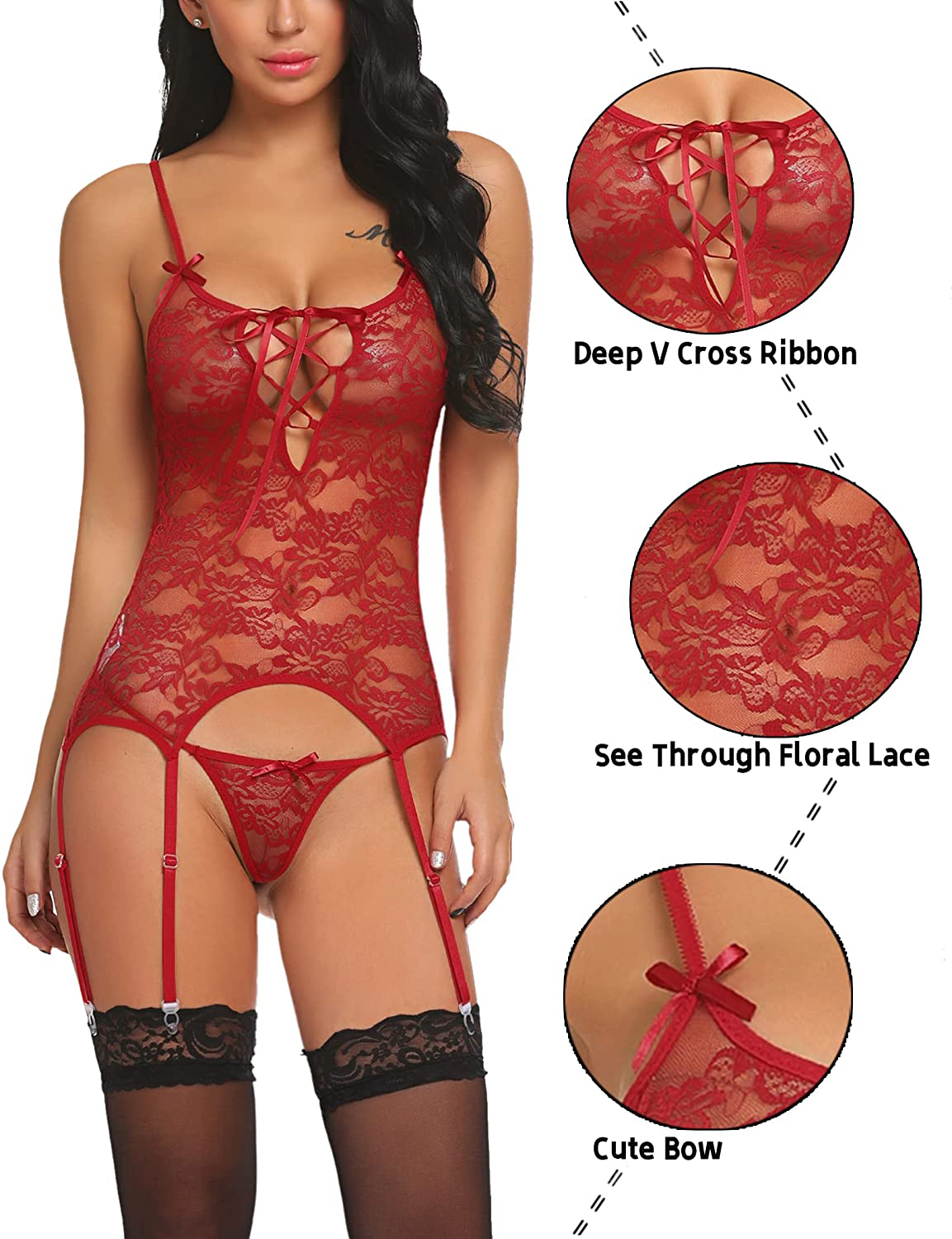 Avidlove Women Lace Bodysuit Lingerie Set Babydoll Chemise with Garter Belts Apparel & Accessories > Clothing > Underwear & Socks > Lingerie Avidlove   