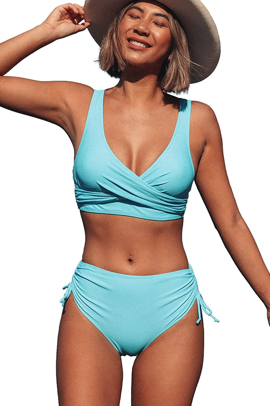 Beachsissi High Waisted Bikini Twist Front Tie Back 2 Piece Swimsuit Solid Color Apparel & Accessories > Clothing > Swimwear Beachsissi Blue X-Large 