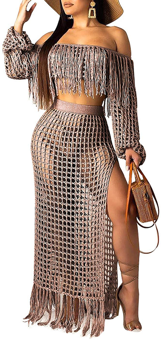 Women Sexy Tassels Hollow Out 2 Piece Outfits See through off Shoulder Crop Top and Split Maxi Dress Set Bikini Cover Up Apparel & Accessories > Clothing > Swimwear Kylie Max   