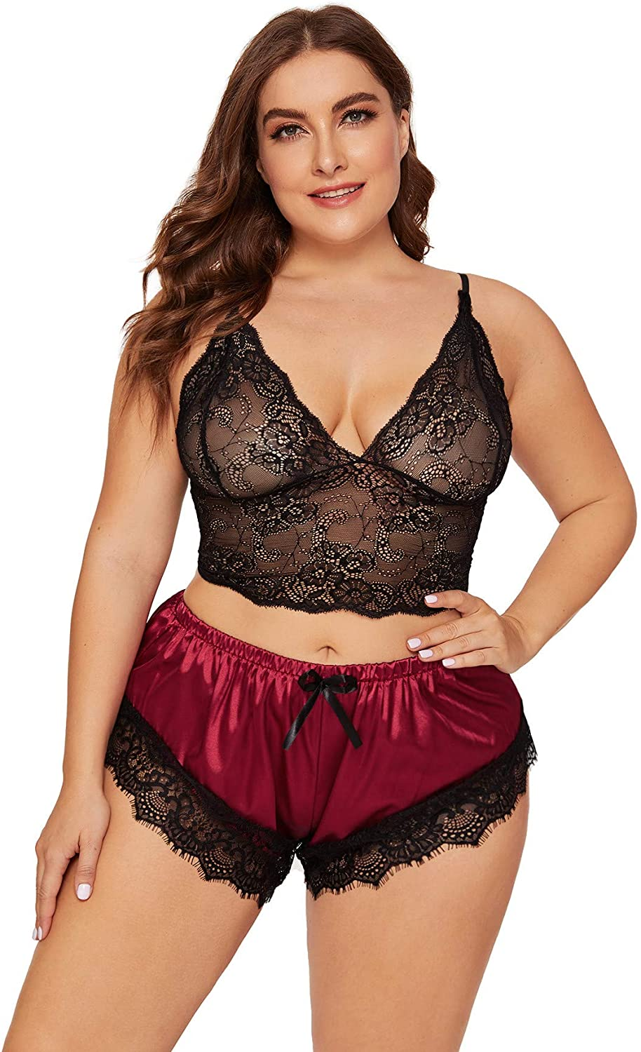 SOLY HUX Women'S plus Size Spaghetti Strap Lace Trim Bralette and Shorts Sleepwear Pajama Lingerie Set Apparel & Accessories > Clothing > Underwear & Socks > Lingerie KYLIE MAX   