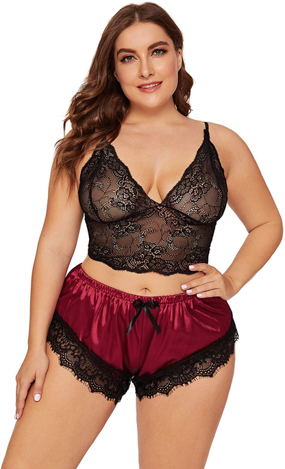 SOLY HUX Women'S plus Size Spaghetti Strap Lace Trim Bralette and Shorts Sleepwear Pajama Lingerie Set Apparel & Accessories > Clothing > Underwear & Socks > Lingerie KYLIE MAX   