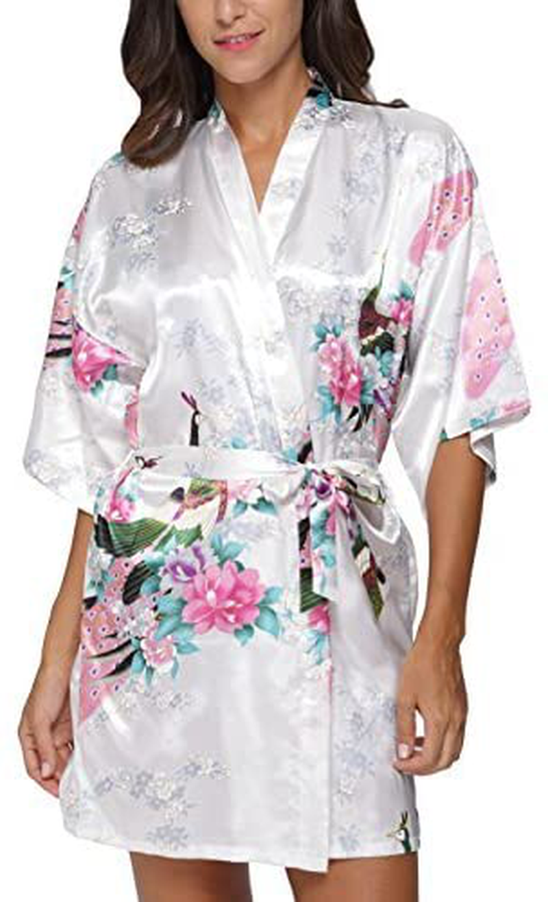 Original Kimono Women'S Short Satin Kimono Robe Floral Peacock Patterned Bathrobe Silky Bridal Nightwear Apparel & Accessories > Clothing > Sleepwear & Loungewear > Robes Original Kimono   