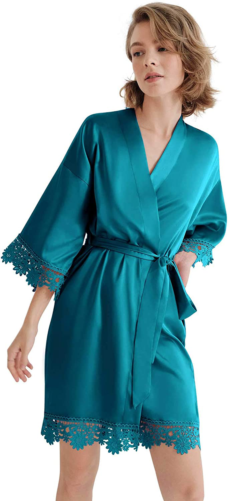 SIORO Women'S Satin Robe Lace Silk Kimono Robes Short for Bridesmaid Wedding Party Nightgown, Small~X-Large Apparel & Accessories > Clothing > Sleepwear & Loungewear > Robes KYLIE MAX Peacock Blue 2 Medium 