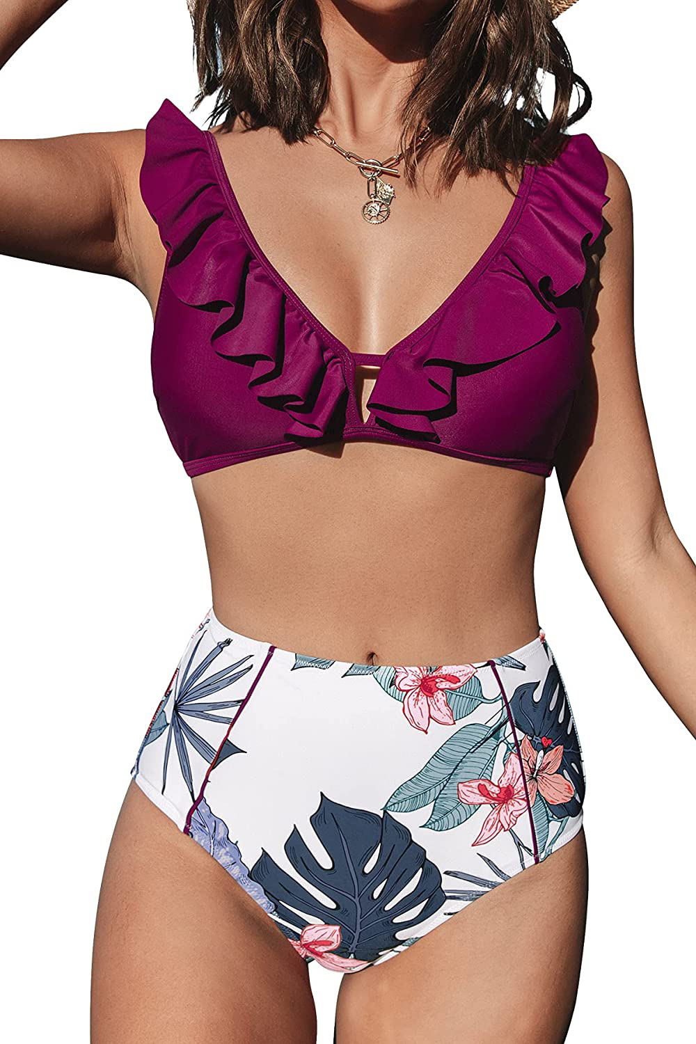 CUPSHE Women's High Waist Bikini Swimsuit Ruffle Floral Print Two Piece Bathing Suit Apparel & Accessories > Clothing > Swimwear KYLIE MAX Burgundy X-Small 