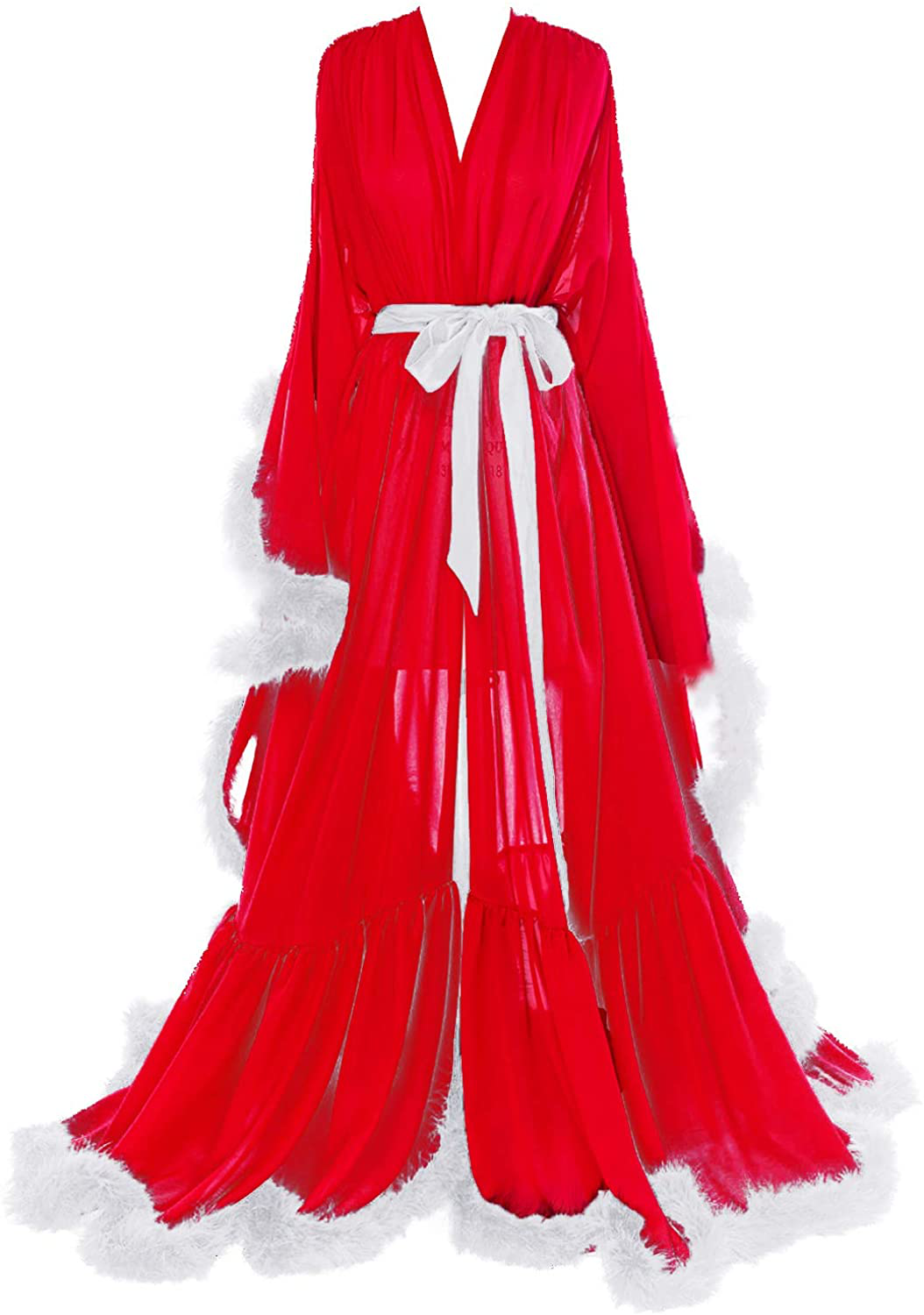 Molisa Women'S Sexy Feather Bridal Robe Long Wedding Scarf Illusion Bathrobe Sleepwear Lingerie Robe Nightgown Apparel & Accessories > Clothing > Sleepwear & Loungewear > Robes Molisa Red+white Large-X-Large 