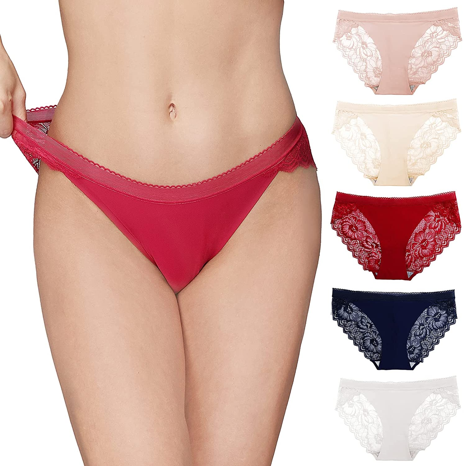 Talanes Women’S High Waisted Lace Underwear Sexy, Ladies Cheeky Lacy Panties Briefs , Soft Full Coverage Panty Multipack Apparel & Accessories > Clothing > Underwear & Socks > Underwear Talanes Low Rise-pink/Skin/Wine Red/Navy Blue/White Small 
