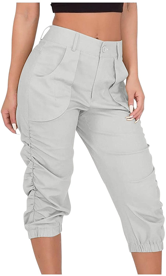 Burband Womens Jersey Capris Cargo Sweatpants Drawstring Waist Cropped Jogger Athletic Sports Gym Pants with Side Pockets Apparel & Accessories > Clothing > Underwear & Socks > Shapewear Burband White Large 