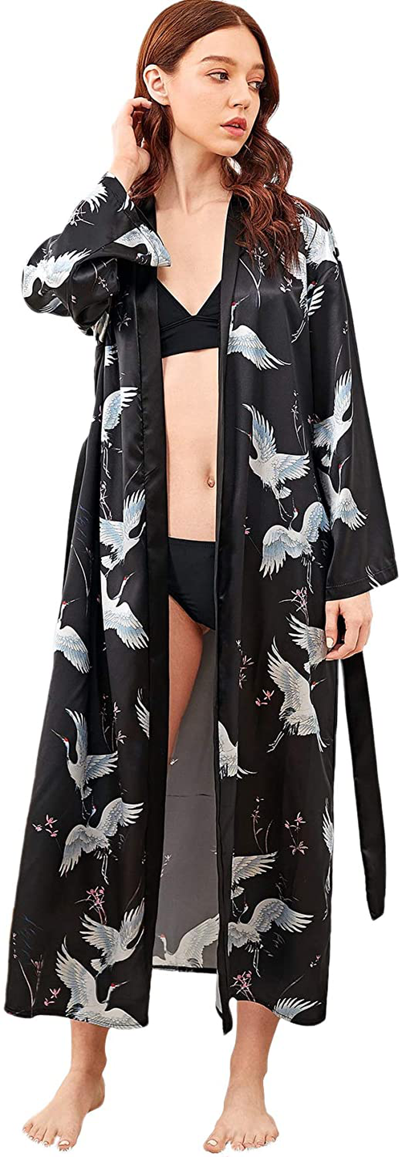Floerns Women'S Bridesmaid Satin Kimono Oblique V Neck Bathrobe Robes Apparel & Accessories > Clothing > Sleepwear & Loungewear > Robes Floerns Black Crane Medium 