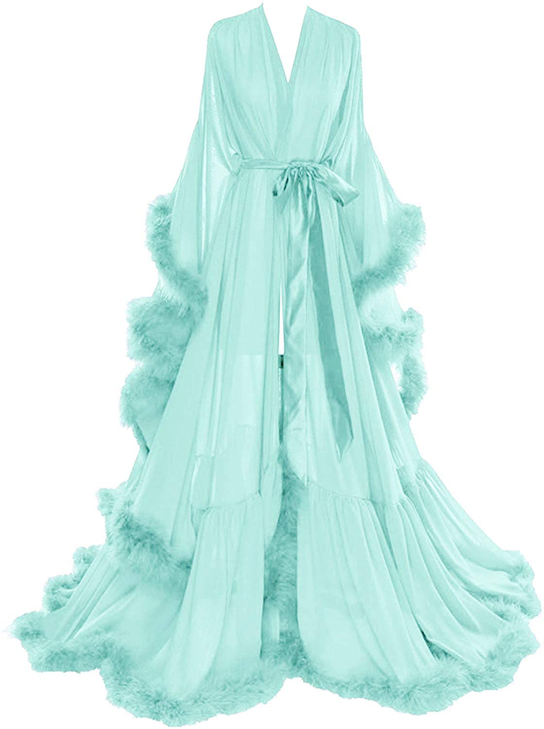 Molisa Women'S Sexy Feather Bridal Robe Long Wedding Scarf Illusion Bathrobe Sleepwear Lingerie Robe Nightgown Apparel & Accessories > Clothing > Sleepwear & Loungewear > Robes Molisa Turquoise 3X-Large 