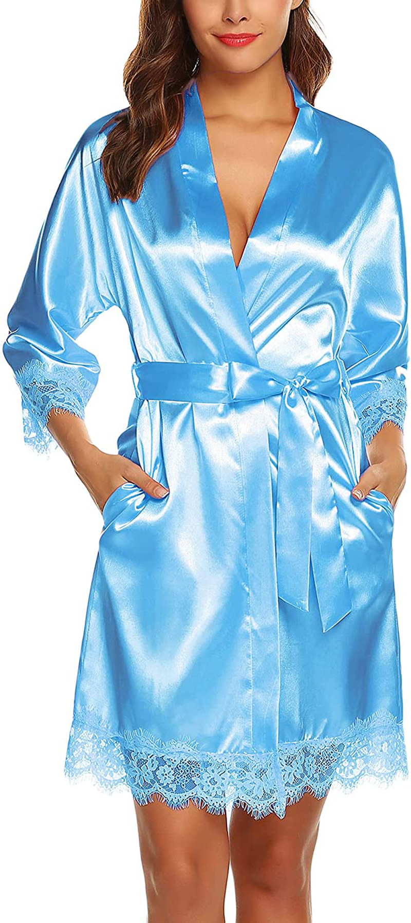 URRU Women'S Satin Silk Bathrobe Oblique V-Neck Short Kimono Robe Bridesmaids Robe S-XXXL Apparel & Accessories > Clothing > Sleepwear & Loungewear > Robes KYLIE MAX   