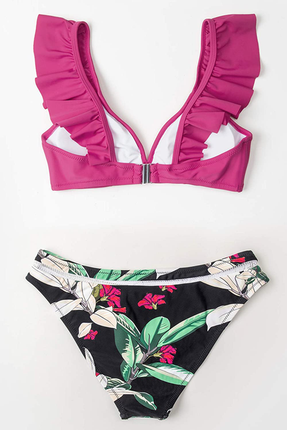 CUPSHE Women's Orange Floral Bottom Ruffle Hook Closure Bikini Set Apparel & Accessories > Clothing > Swimwear CUPSHE   